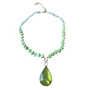 Vintage Monet Necklace Lucite Resin Leaf Pendant Faux Jade Beads Gold Tone Metal